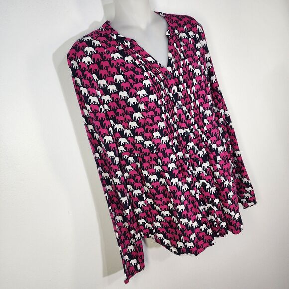Crown & Ivy Shirt Womens Small Navy Pink Elephant Print Pleated Long Tab Sleeve - Picture 4 of 8